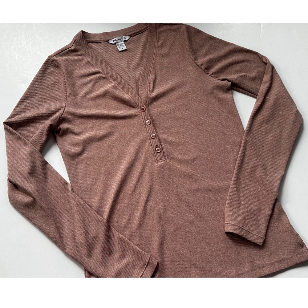Athleta Ribbed V Neck Henley Long Sleeve Top Rosewood Pink Size Medium